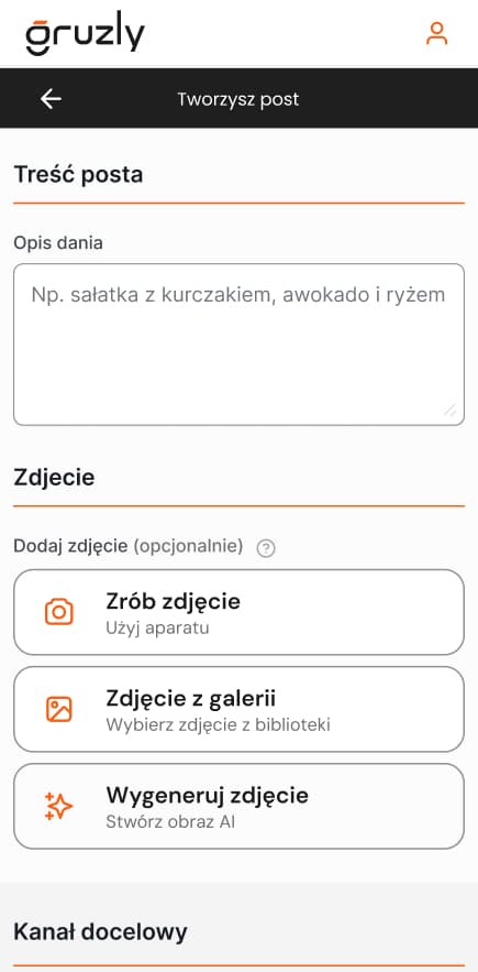 Ekran tworzenia posta w aplikacji Gruzly